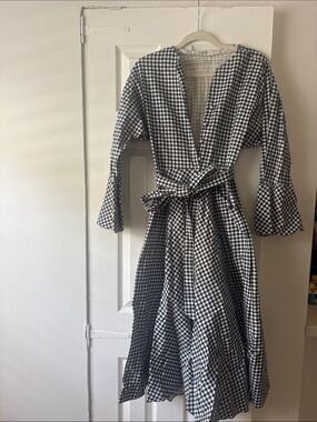 Batsheva Navy and White Gingham Midi Dress